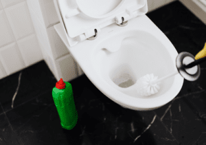 Personne qui nettoie avec une brosse son wc