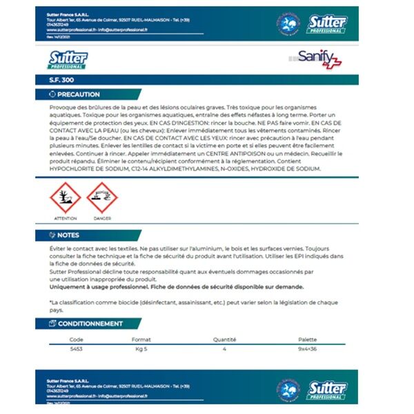 etiquette verso sf300 désinfectant chloré sol cuisine