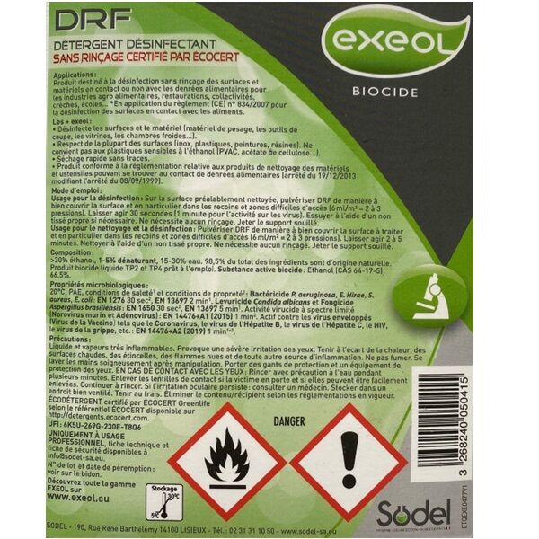 etiquette face arriere drf exeol desinfectant sans rinçage