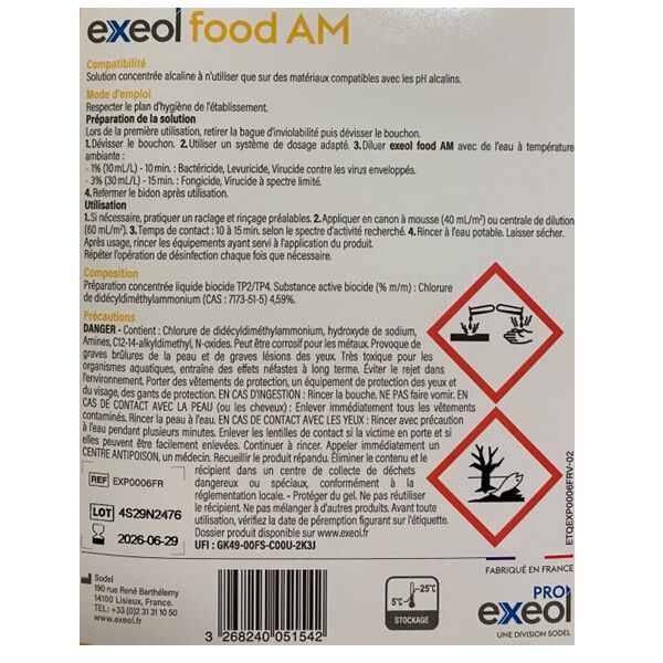 etiquette verso exeol food am 5 litres biocide